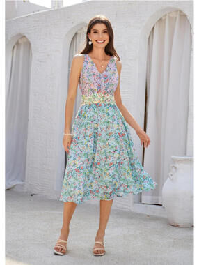 NWT Grace Karin Spring Boho Floral Sundress Summer Knee Length Dress- Size 2XL